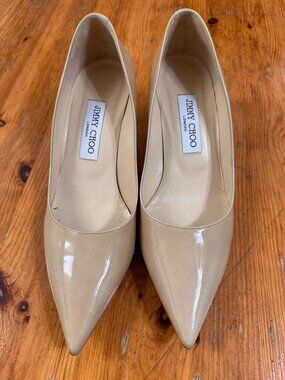 Jimmy Choo London Aza Nude Patent Leather Pointy Toe Kitten Heel Pumps